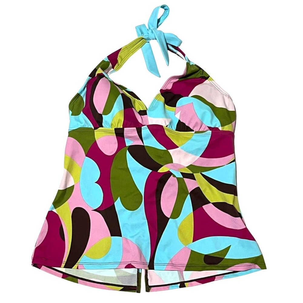 Athleta Halter Tankini Swimwear Pads Wireless Bra Blue Pink Sporty Resort Wear 4
